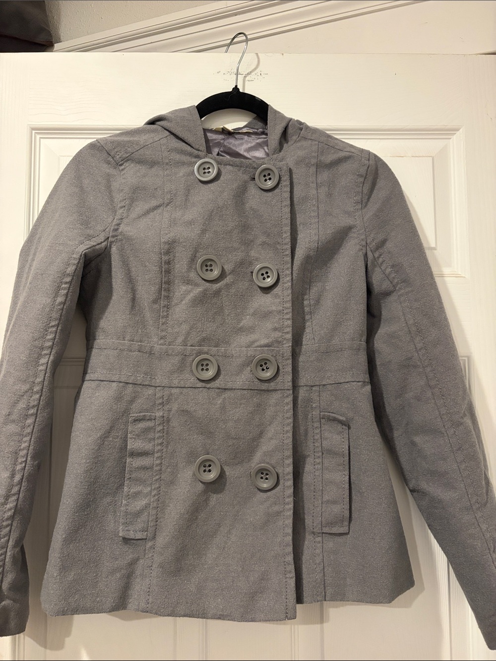 Rubbish Women's Light Gray Double-Breasted Hooded Pea Coat
